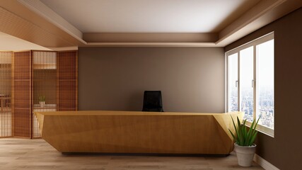brown office front desk or receptionist room with wooden design interior for company logo mockup