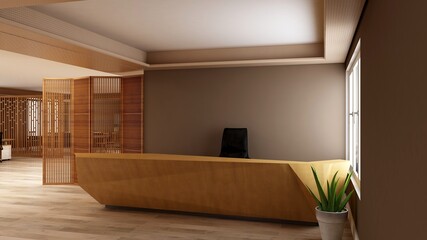 brown office front desk or receptionist room with wooden design interior for company logo mockup