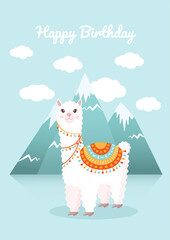 Cute card with a llama or alpaca on the background of mountains and clouds. Vector illustration for greeting card, poster, texture, textile, decor. Happy Birthday