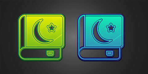 Green and blue Holy book of Koran icon isolated on black background. Muslim holiday, Eid Mubarak, Eid al-fitr, Ramadan Kareem. Vector