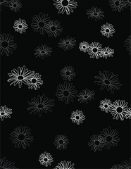 daisy flowers line vector seamless pattern black