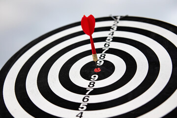 dart arrow hitting in the bullseye center of dartboard. concept of business targeting and aim for...