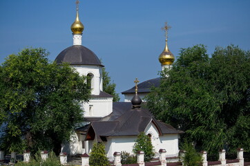 Fototapeta na wymiar Domes of an Orthodox church against the background of trees and blue sky