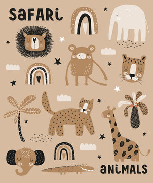 Funny Print with Safari Animals. Lovely Hand Drawn Safari Party Vector Illustration ideal for Card, Wall Art, Poster. Cute Lion,Tiger,Elephant, Giraffe, Aligator and Monkey on a Brown Background. 