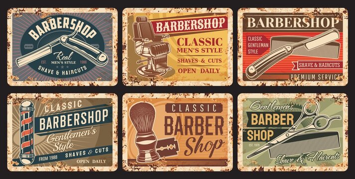 Barbershop and haircut rusty plates. Gentlemen hairdresser, stylist or barbershop equipment grunge tin sign, vector vintage banners with straight razor, hair cutting scissors and comb, barber chair - Powered by Adobe