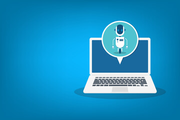 Chat Bot Using Laptop Computer, Robot Virtual Assistance Of Website Or Mobile Applications. Voice support service bot. Online support bot. Vector illustration.