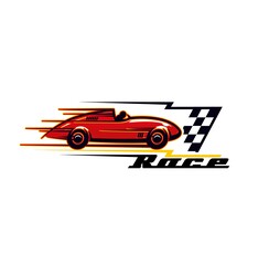 Naklejka premium Racing car icon, sport rally of muscle cars and vintage automobiles, vector symbol. Old motors and engine gear sport racing, cars rally iconwith finish flag
