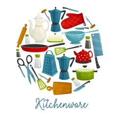 Home kitchenware, kitchen utensils, cooking tools and cutlery, vector restaurant and household accessories. Frying pan, coffee pot, corkscrew and chef knife, teapot, grater, spatula and kettle