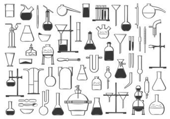 Chemical test tubes, flasks, retort and tools. Chemistry, biology or pharmacy laboratory equipment and glassware vector icons set. Alcohol burner, funnel and separators, condenser, clamps and pipettes
