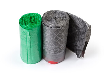 Plastic garbage bags in two rolls green and gray colors