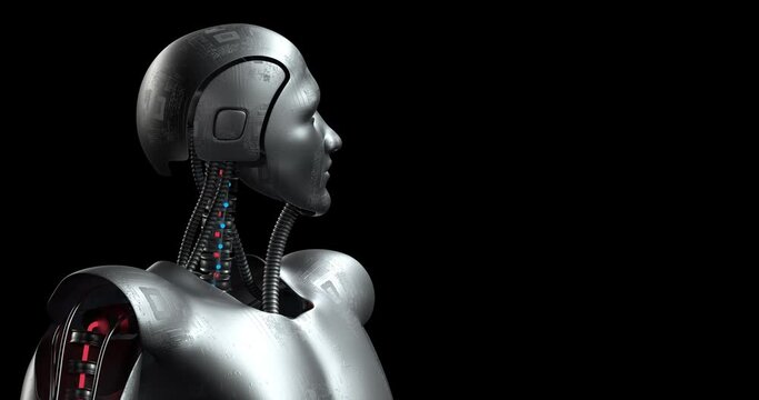 Bionic Robot Analyzing And Checking. AI Humanoid Cyborg. Alpha Luma Channel. Robotics And Technology 3D Concept.