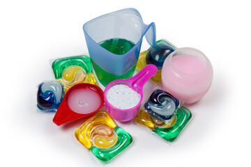 Different laundry detergents in form of powder, liquid, gel, capsules