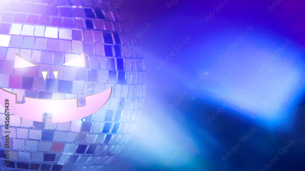 Poster mirror ball with halluin face on colored background with highlights