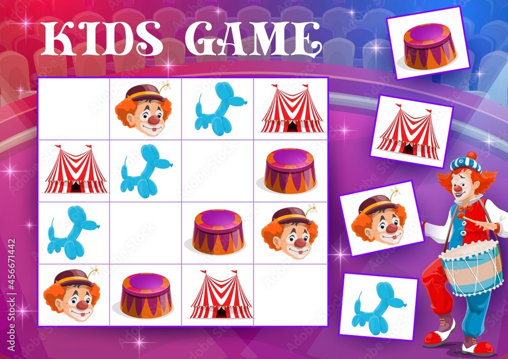 Poster sudoku maze kids game with circus clowns and chapiteau items. kids education block vector puzzle, ri