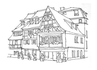 Travel sketch of Colmar, France. Hand drawing of the old town. French houses line art. Hand drawn travel postcard. Urban sketch in black color isolated on a white background.