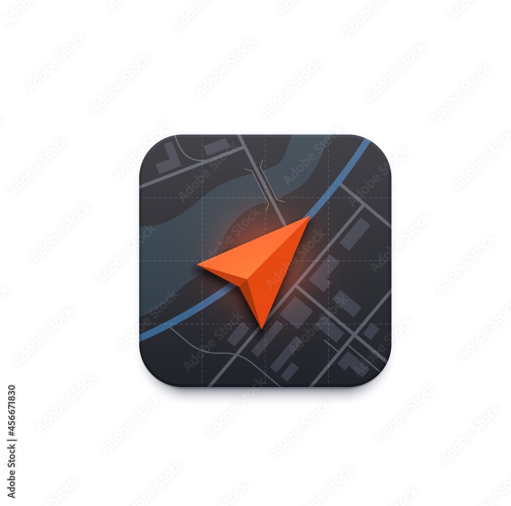 Poster Map navigation icon, road travel direction arrow pointer on city map, vector app. City map navigation, car sharing or automobile route destination and trip navigation tracking application icon