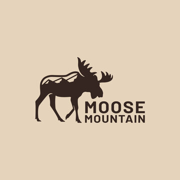 Moose Deer Silhouette with Mountain Logo Design Template. Suitable for hunting outdoor camping adventure sports zoo corporate community business brand in vintage retro hipster style logo design.