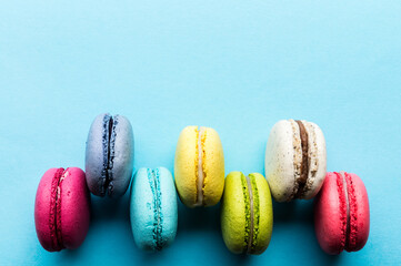 Macaron cookies, top view, almond biscuits, colorful, tasty