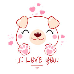 Cute Valentine card in kawaii style. Kawaii dog with pink hearts