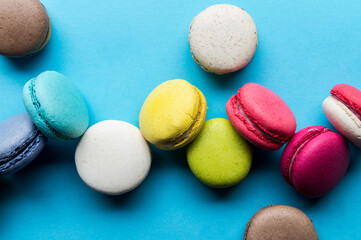 Macaron cookies, top view, almond biscuits, colorful.