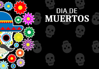 Day of the dead poster. Black background with skulls. Space for text