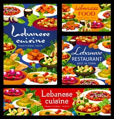 Lebanese cuisine and Arab food vector dishes of vegetable dumpling soups, hummus, meat bean stew. Halloumi cheese, lamb kofta meatballs and sfouf cake, stuffed zucchini and fattoush salad, menu cover