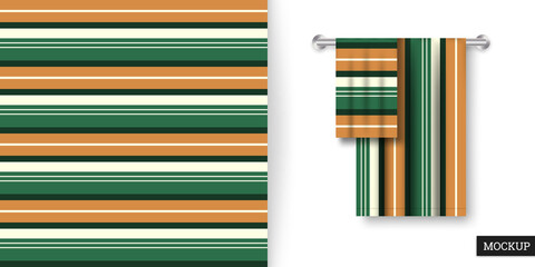 Striped seamless pattern. Abstract background with green, orange stripes. Ornament in stripe. Vector illustration horizontal lines. Repeating texture. Design paper, wallpaper, textile, fabric. Mockup.