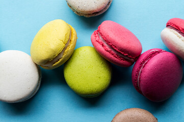 Macaron cookies, top view, almond biscuits, colorful, tasty