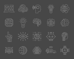 Artificial intelligence and machine learning line icon set. Simple thin outline pictogram collection. AI concept. Innovative robotic technology elements. Cpu,cloud. Editable stroke vector illustration