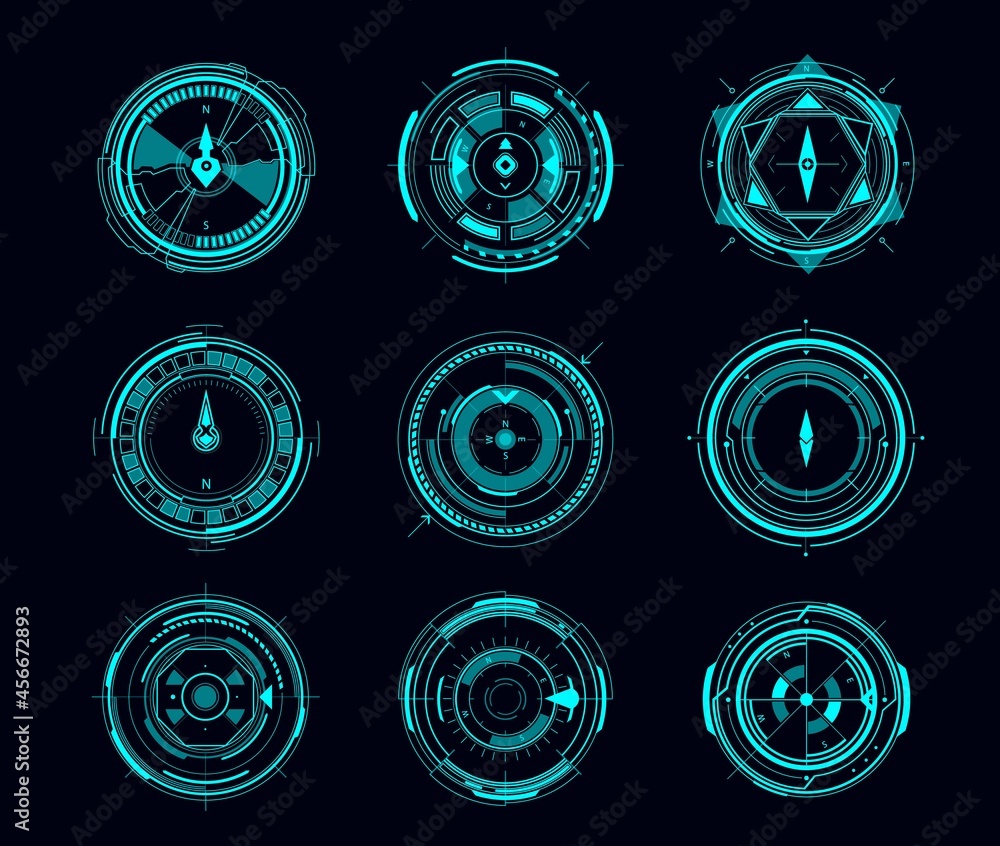 Fototapete HUD compass or aim control panel of futuristic navigation interface. Vector ui of Sci Fi game with digital compass or viewfinder displays, neon glowing wind rose arrows, target scopes and crosshair
