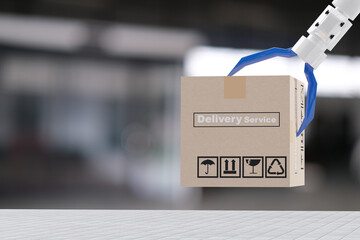 Robot cyber future futuristic humanoid hold box product technology engineering device check, for industry inspection inspector transport maintenance robot service technology