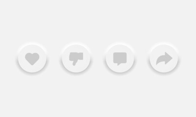 Neumorphic UI UX Design Elements Vector Buttons Like Dislike Comment Share on abstract grey background. Vector illustration EPS 10