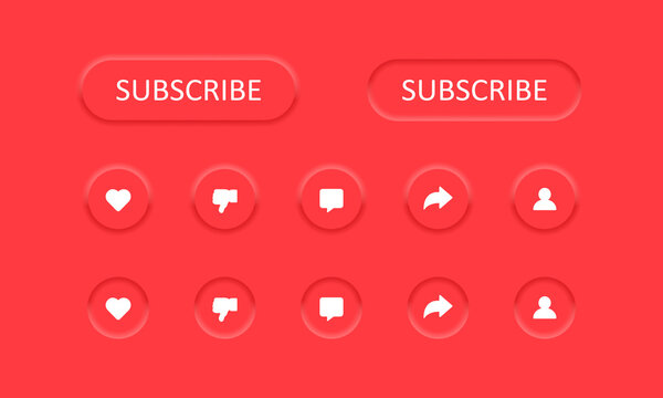 Neumorphic Social Network Buttons Subscribe Like Dislike Comment Share Accounts On Abstract Red Background. Vector Illustration EPS 10