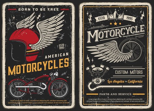 Bike and motorcycle vintage posters. Custom motors, parts and service vintage vector cards for biker club. Retro motorbike garage, classic antique chopper and winged helmet and wheel grunge design