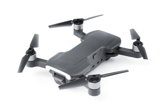 New grey drone quadcopter with digital camera flying