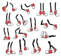 Isolated cartoon legs, comic foot in red sport shoes. Vector stick feet in sneakers walk, stand and jump, run, lying, fall down. Isolated leg, foot body parts front, side, rear view, limb in footwear © Vector Tradition