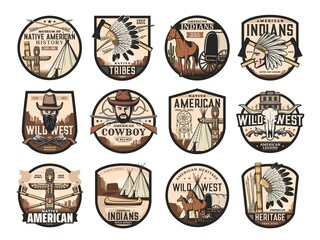 Wild West, American Western icons of saloon, cowboy and longhorn bull skull, vector. Native American symbols of Totem and Indian chief tomahawk, canoe and dream catcher, stage coach and horse