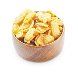 Wooden bowl with cornflakes isolated on white background.