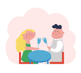 Cartoon couple in love on a romantic date in a restaurant or at home drink wine. Restaurant date. Vector illustration