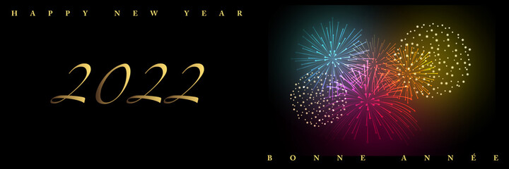 2022 - Bannière pour fêter la nouvelle année avec des feux d’artifices multi-couleur - Texte Français, anglais, traduction : bonne année.