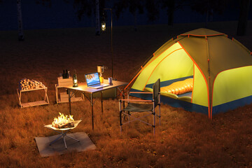 焚き火の明かりに照らされた秋の夜長のキャンプサイト / 秋の行楽・アウトドア・ソロキャンプ・ワーケーションのロケーションイメージ / 3Dレンダリンググラフィックス