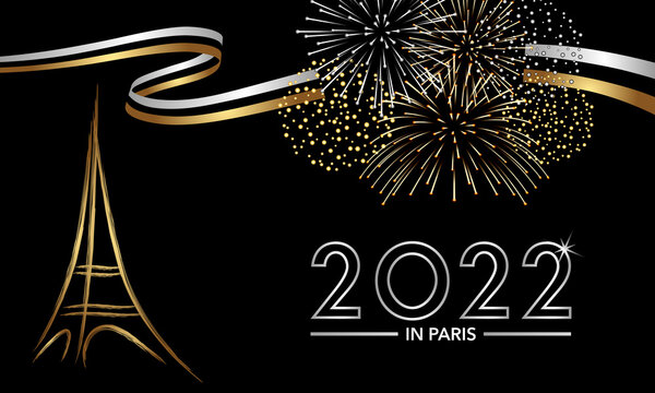 2022- carte noire, argent et or, sur le th&egrave;me des f&ecirc;tes nocturnes &agrave; Paris pour f&ecirc;ter la nouvelle ann&eacute;e avec des feux d&rsquo;artifice avec la tour Eiffel stylis&eacute;e. 