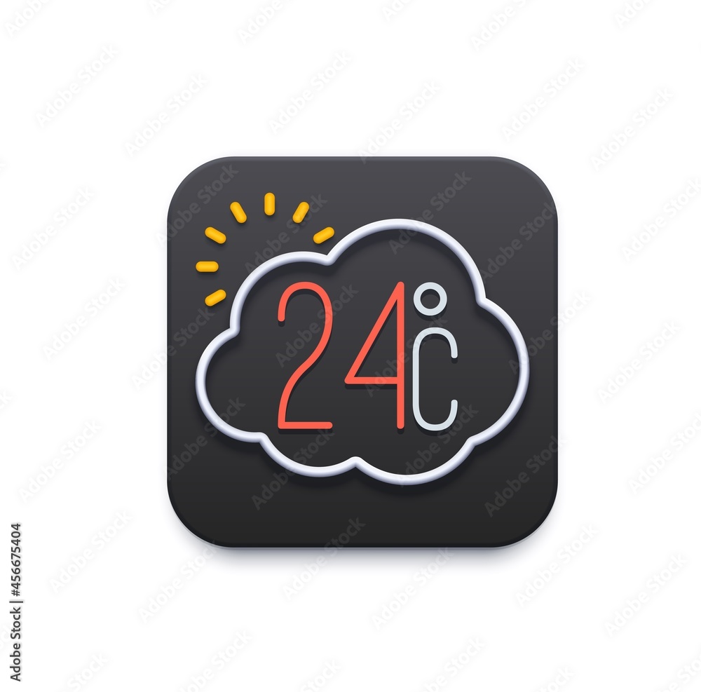 Poster Climate and weather icon, app or mobile UI template, vector temperature forecast. Weather widget for phone screen or application interface and UX flat symbol with sun, cloud and temperature
