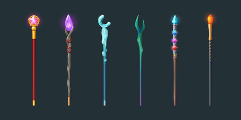 Set of magic staff, walk sticks or wands with glow gems, frozen ice crystal and pink glass star. Magician weapon rods for sorcerers, rpg fantasy game assets and equipment, Cartoon vector illustration © klyaksun