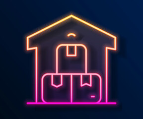 Glowing neon line Full warehouse icon isolated on black background. Vector