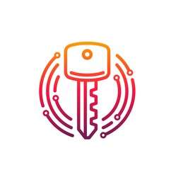 Cyber security icon key inside of microcircuit circle. Vector emblem internet safety theme, information and data protection, prevention of hacker attack. Design element isolated on white background