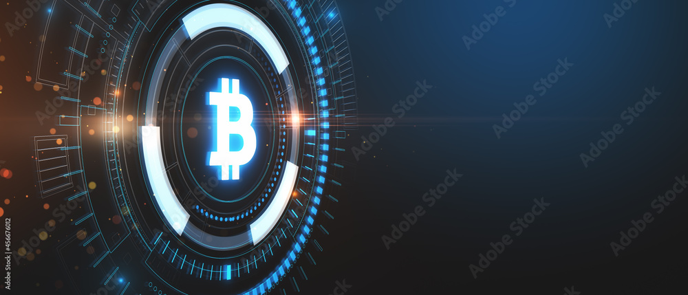 Poster creative glowing blue bitcoin hologram on dark background with mock up place. business, finance and 