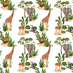 Watercolor pattern africa animals, elephant, giraffe, lion, toko, gazelle. Hand-drawn and suitable for all types of design and printing.