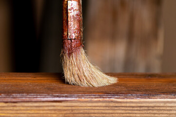 close-up of the brush, which is applied a special composition to the wood to prevent its rotting