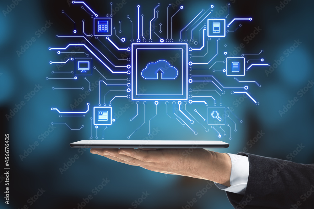 Poster Close up of hand holding tablet with abstract glowing circuit cloud computing interface on blurry blue bokeh background. Information, technology and network concept.